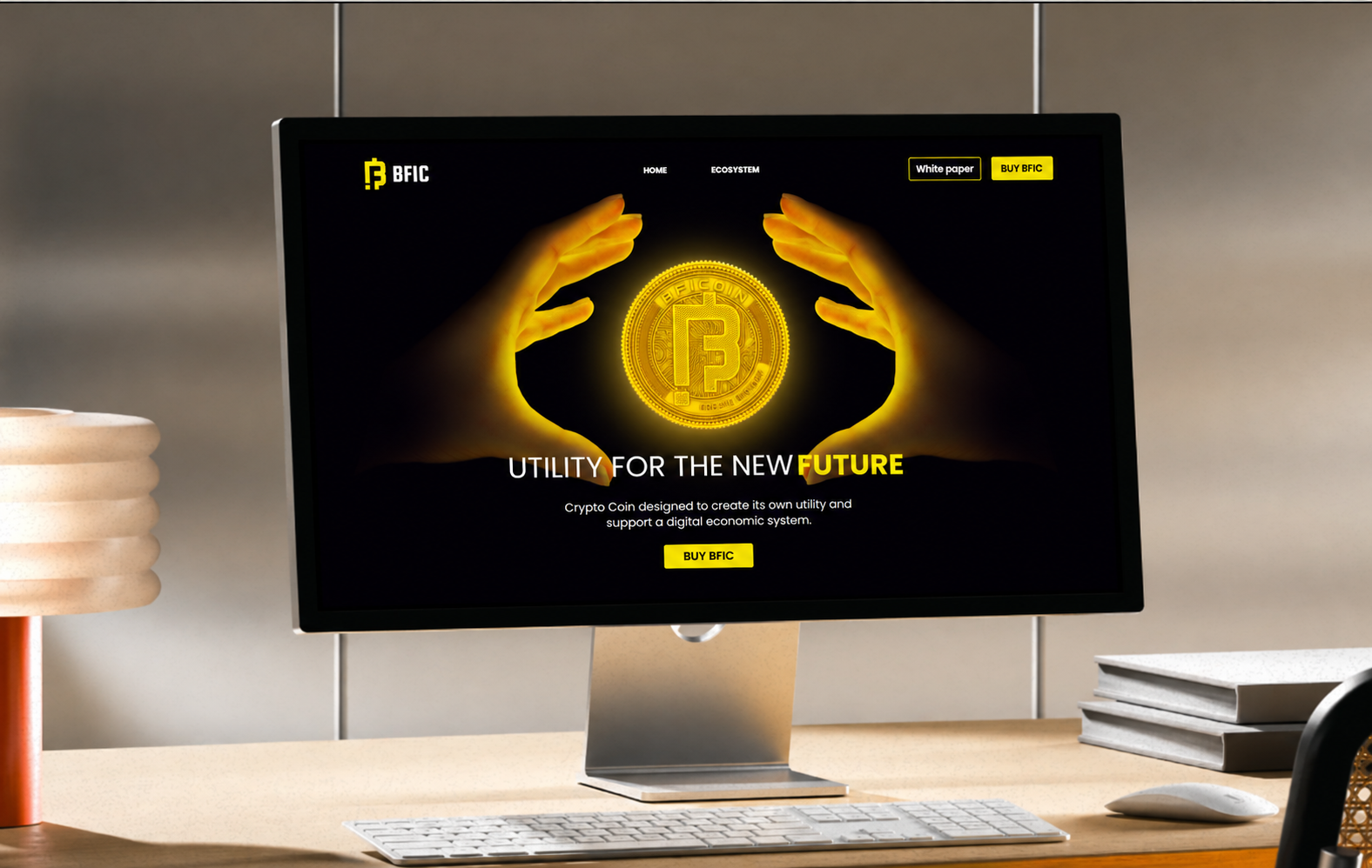 BFICOIN website shown on a desktop monitor